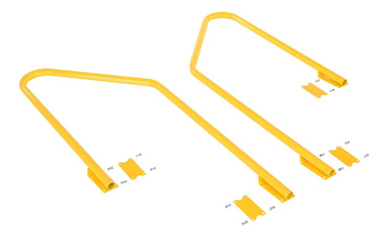 Two yellow metal bike rack hoops with mounting plates and screws are displayed on a white background. Shaped like semi-u structures with flat bases, these hoops offer secure bike parking, reminiscent of the reliability of Vestil Step Poly Nestable 3Yl Handrail Retrofit products in such projects.