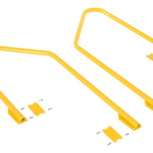 Two yellow metal bike rack hoops with mounting plates and screws are displayed on a white background. Shaped like semi-u structures with flat bases, these hoops offer secure bike parking, reminiscent of the reliability of Vestil Step Poly Nestable 3Yl Handrail Retrofit products in such projects.