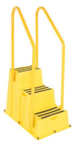 The Vestil Step Poly Nestable 3-Step Yl W/Handrails is a yellow, three-step platform with side handrails, black non-slip strips on each step, and cutout handles for enhanced safety and stability.