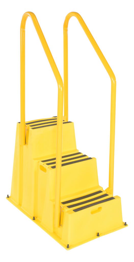 SPN-3-YL-HR_A.jpg The Vestil Step Poly Nestable 3-Step Yl W/Handrails is a yellow, three-step platform with side handrails, black non-slip strips on each step, and cutout handles for enhanced safety and stability.