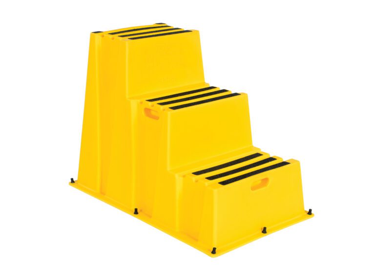 The Vestil Step Poly Nestable 3 Step Yl is a durable plastic, yellow three-step platform with black anti-slip strips and side cut-out handles for easy transport and storage.