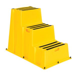 The Vestil Step Poly Nestable 3 Step Yl is a durable plastic, yellow three-step platform with black anti-slip strips and side cut-out handles for easy transport and storage.