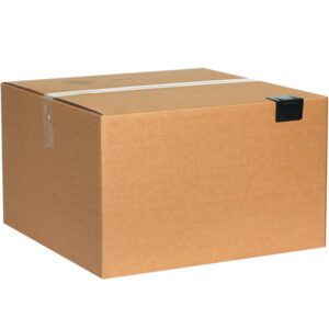 A large sealed cardboard box with a small black label on one corner rests on a white background, potentially containing MH-USA 2 1/2 x 1 3/4 Black Plastic Strap Guards (1000/Case), ready for secure shipping or storage.