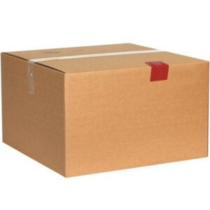 A brown cardboard box, sealed with red and clear tape, sits on a white background next to MH-USA 2 1/2 x 2 - Red Plastic Strap Guards (1000/Case), adding an industrial touch.