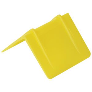 A yellow plastic triangular wedge with a flat base and smooth surfaces serves as a doorstop or leveling tool, similar to MH-USA 2 1/2 x 2 - Yellow Plastic Strap Guards (1000/Case).