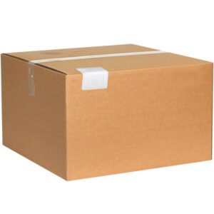 A plain brown cardboard box is displayed against a white background, sealed with white tape across the top and sides, with a small white label. Inside, it securely holds MH-USA 3 1/2 x 2 White Plastic Strap Guards (500/Case).
