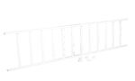 The Vestil White Semi-Permanent Barrier/Railing features vertical bars on a plain backdrop and includes accessories like brackets and screws for semi-permanent installation.