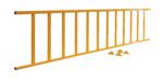 The Vestil Yellow Semi-Permanent Barrier/Railing is a yellow metal safety barrier featuring vertical bars and a sleek design, accompanied by four matching yellow mounting brackets.