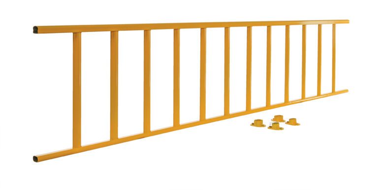 The Vestil Yellow Semi-Permanent Barrier/Railing is a yellow metal safety barrier featuring vertical bars and a sleek design, accompanied by four matching yellow mounting brackets.
