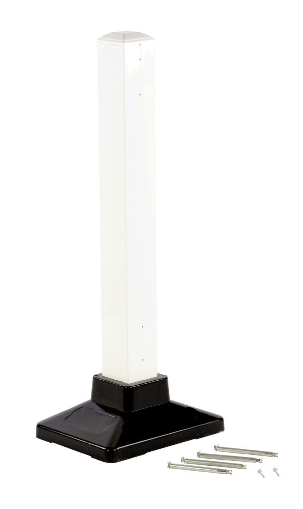 The Vestil White Semi-Permanent Barrier - Post is a tall, slim white square post with a stylish black base, ideal for parking or signage. It includes bolts for installation and is built to be securely anchored to the ground.