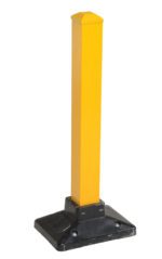 A rectangular yellow bollard with a black base, akin to the Vestil Yellow Semi-Permanent Barrier - Post, is designed for traffic or parking control and stands upright on flat surfaces.