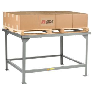 The Little Giant Stationary Pallet Stand, with a robust gray metal frame, reliably supports a wooden pallet loaded with several Little Giant branded cardboard boxes.