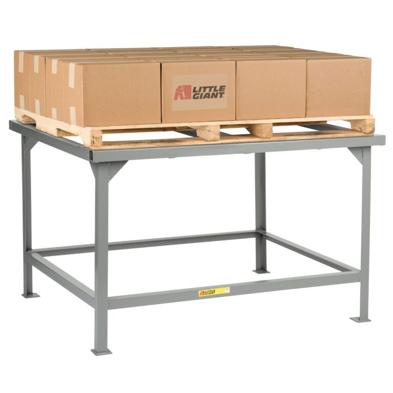 The Little Giant Stationary Pallet Stand, with a robust gray metal frame, reliably supports a wooden pallet loaded with several Little Giant branded cardboard boxes.