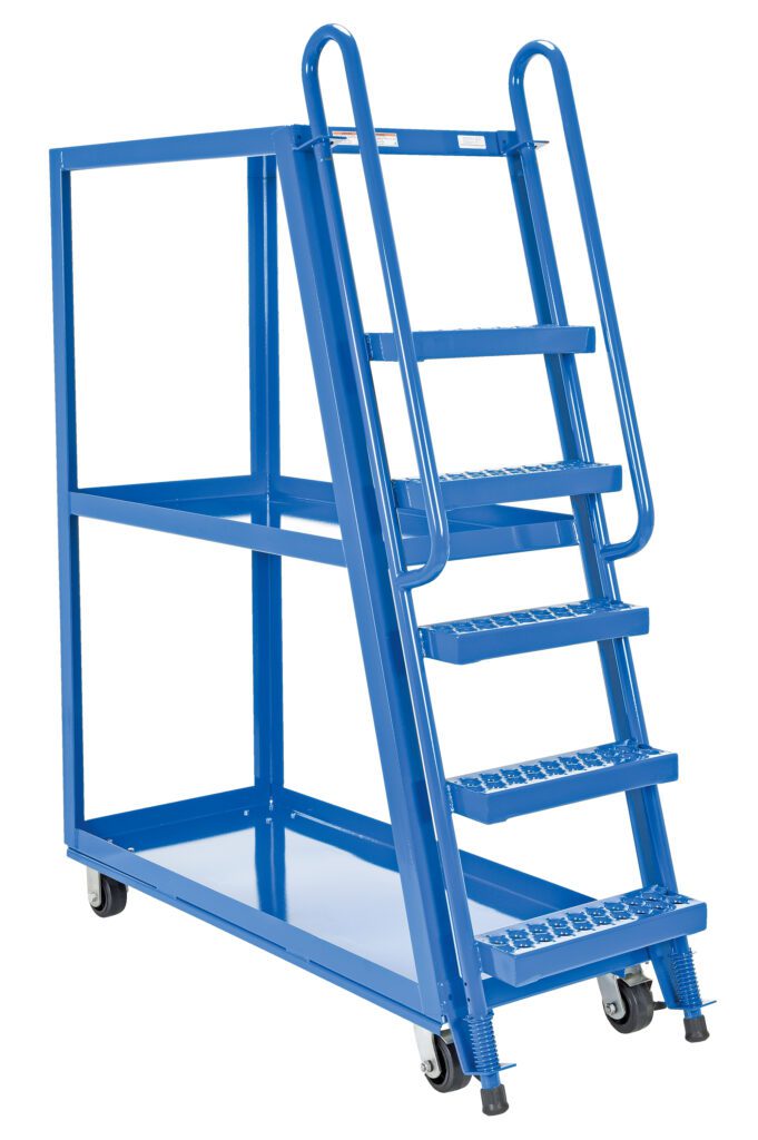 SPS-HF-2252_A.jpg The Vestil High Frame Cart 21.5X50.75Mold-On-Rubber, in striking blue, features five steps, safety rails, two storage shelves, and four mold-on-rubber wheels for easy mobility—perfect for any workspace need.