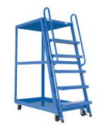 A five-step blue rolling warehouse ladder with a safety guardrail and rectangular top platform, designed for industrial environments. It features wheels for easy mobility, pairing well with equipment such as the Vestil High Frame Cart 27.5 x 51 Mold-On-Rubber.