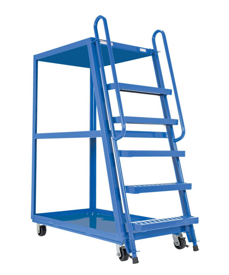 A five-step blue rolling warehouse ladder with a safety guardrail and rectangular top platform, designed for industrial environments. It features wheels for easy mobility, pairing well with equipment such as the Vestil High Frame Cart 27.5 x 51 Mold-On-Rubber.