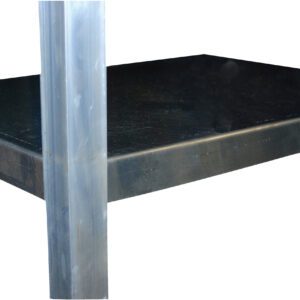 A close-up of the Vestil Stockpicker Option-Lips Down Top Shelf highlights its sleek, industrial metallic corner featuring vertical support and a flat surface, likely made of steel or aluminum, set against a crisp white background.