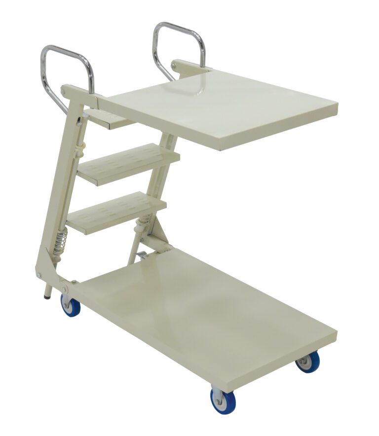 The Vestil Steel Cantilever Stock Picker Truck, a precise white medical instrument cart, features two shelves, blue wheels, and chrome handles. It includes a foldable upper shelf for versatile utility and efficient space management.