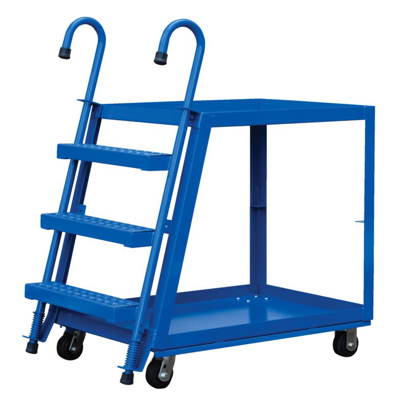 The Vestil Stock Picker 2 Shelf 22 X 36 Poly/Steel features a blue cart with three steps, handrails for support, and a top platform for carrying items. Its four wheels enhance mobility.