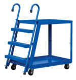 The Vestil Stock Picker 2 Shelf features a blue mobile steel step ladder with three steps, caster wheels, safety rails, and a platform. It includes a 22 x 36 mold/rubber storage shelf under the top step, perfect for industrial or warehouse use.