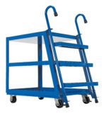 The Vestil Stock Picker 3 Shelf 22 X 36 Poly/Steel cart, with its three-tiered design, includes attached steps, four swivel casters for easy mobility, and rubber handles on top, making it a versatile choice for various tasks.