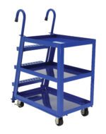 The Vestil Stock Picker 3 Shelf 22 x 36 Mold/Rubber boasts a sleek blue design with three metal shelves, black wheels, and two top hooks. Its size ensures ample storage, while rubber-tread side steps offer extra space and easy mobility.