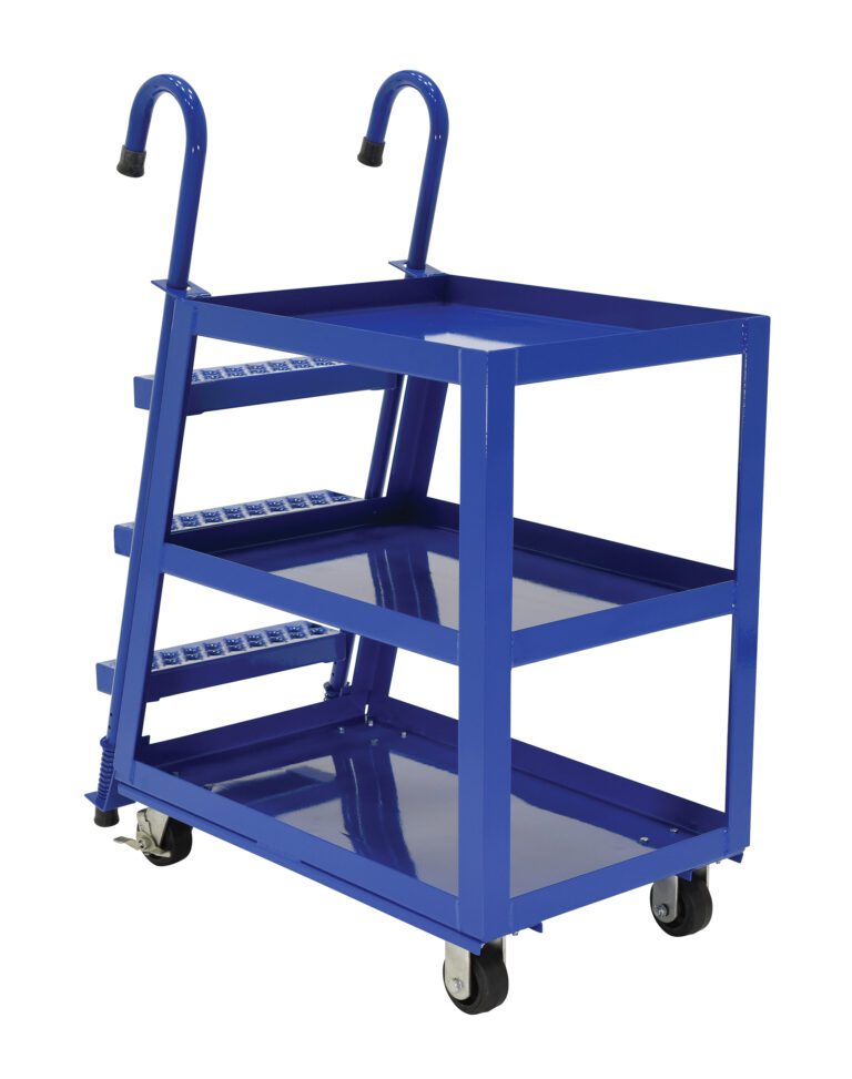 The Vestil Stock Picker 3 Shelf 22 x 36 Mold/Rubber boasts a sleek blue design with three metal shelves, black wheels, and two top hooks. Its size ensures ample storage, while rubber-tread side steps offer extra space and easy mobility.