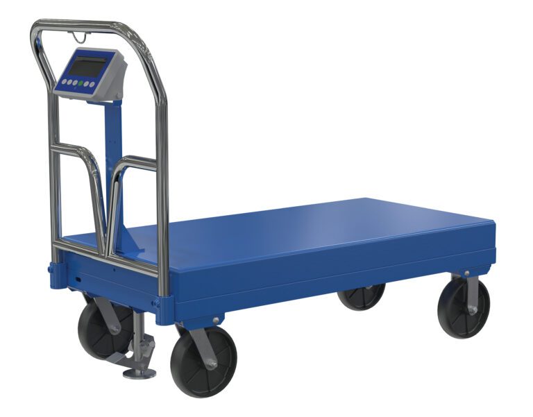 SPT-2448-SCL_A.jpg The blue Vestil Steel Platform Truck 3.6K 24X48 W/Scale is an industrial cart with four sturdy wheels, a metal handlebar, and a digital display screen on a stand near the handle for convenient weight tracking and efficient transport.