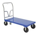 The Vestil Steel Platform Truck 3.6K 24 X 48 boasts a blue flatbed, metal handle, and four black wheels, making it ideal for efficient item transport.