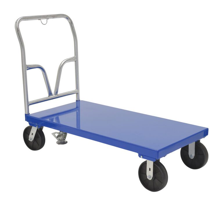The Vestil Steel Platform Truck 3.6K 24 X 48 boasts a blue flatbed, metal handle, and four black wheels, making it ideal for efficient item transport.