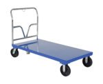 The Vestil Steel Platform Truck 3.6K 30 X 60, featuring a durable blue flatbed, sturdy metal handle, and four reliable black wheels is set against a crisp white background. This versatile cart provides ample space for efficiently transporting heavy loads.