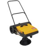 The Shop-Vac Industrial Push Sweeper features a yellow body, black handle, large black wheels, and a front rotating circular brush for efficient cleaning on various surfaces.