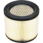 The Shop-Vac Small Replacement Cartridge Filter, sold 2 per case, has a cylindrical design with pleated paper and black rubber rims. Its hollow core features an intricate mesh pattern for optimal filtration efficiency.