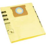 A folded yellow Shop-Vac Replacement Bag for 5-8 gallon vacuums, featuring a blue seal and brown cardboard collar, is shown with black text and diagrams on the left. Available in cases of 10, these bags ensure efficient cleaning performance.