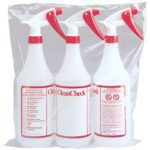 A case of three MH-USA 32 oz. Trigger Spray Bottles with red triggers, labeled CleanCheck, is packaged in a clear plastic bag. Each bottle is detailed with its contents and usage instructions for convenience.