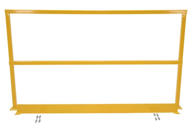 The Vestil Safety Handrail W/Hardware & Toeboard 108 is a yellow metal safety barrier with two horizontal rails and a solid base, including ground-mounted bolts for secure installation.