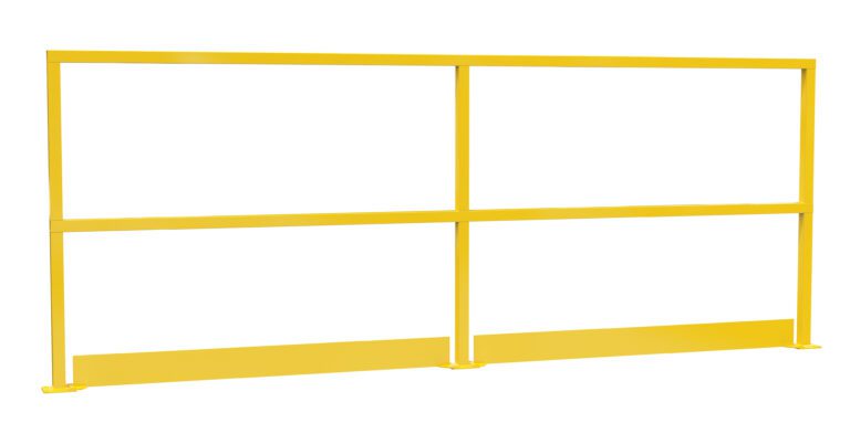 The Vestil Safety Handrail W/ Toeboard 108 In features a yellow railing with three horizontal bars, two vertical supports, and a solid bottom section for enhanced stability and security in any workspace.