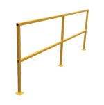 The Vestil Safety Handrail No Toeboard 108 is a yellow metal safety guardrail with two horizontal bars and three vertical posts, each resting on flat square bases, designed for stability in industrial or commercial environments.