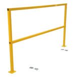 The yellow Vestil Safety Handrail W/Hardware No Toeboard 120 features two vertical supports and a horizontal bar, with bolts and screws near the base for easy assembly. Ideal for safety or crowd control.