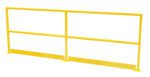 The Vestil Safety Handrail W/ Toeboard 120, pictured on a white background, features three horizontal bars and two base plates for stability, ensuring reliable safety across various environments.