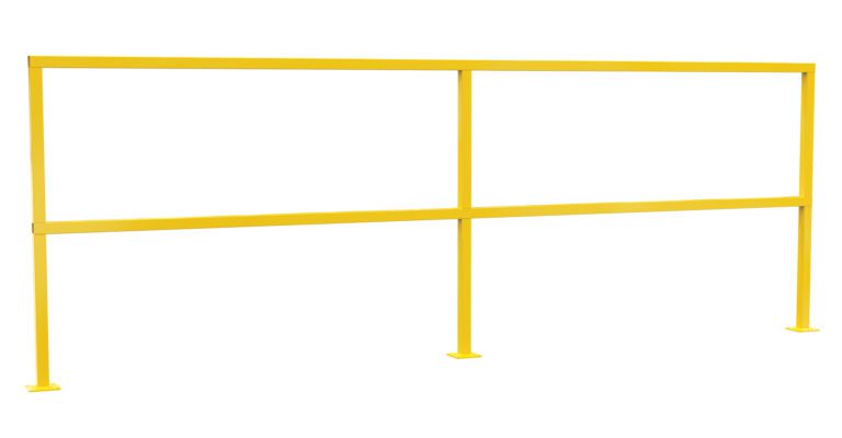 The Vestil Safety Handrail No Toeboard 120 is a yellow metal safety barrier with three horizontal beams and two vertical supports, each with a flat rectangular base plate for secure installation against a white background.