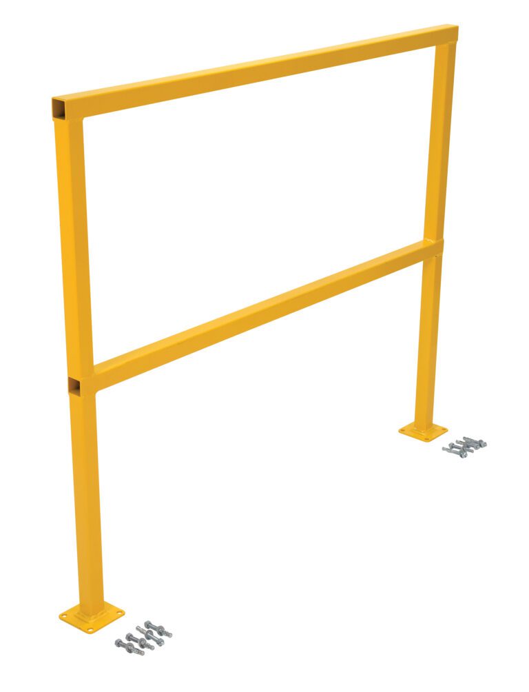 The Vestil Safety Handrail W/Hardware No Toeboard 48 includes a yellow guardrail with a rectangular frame, two legs with base plates, and hardware for secure mounting in industrial or construction settings.