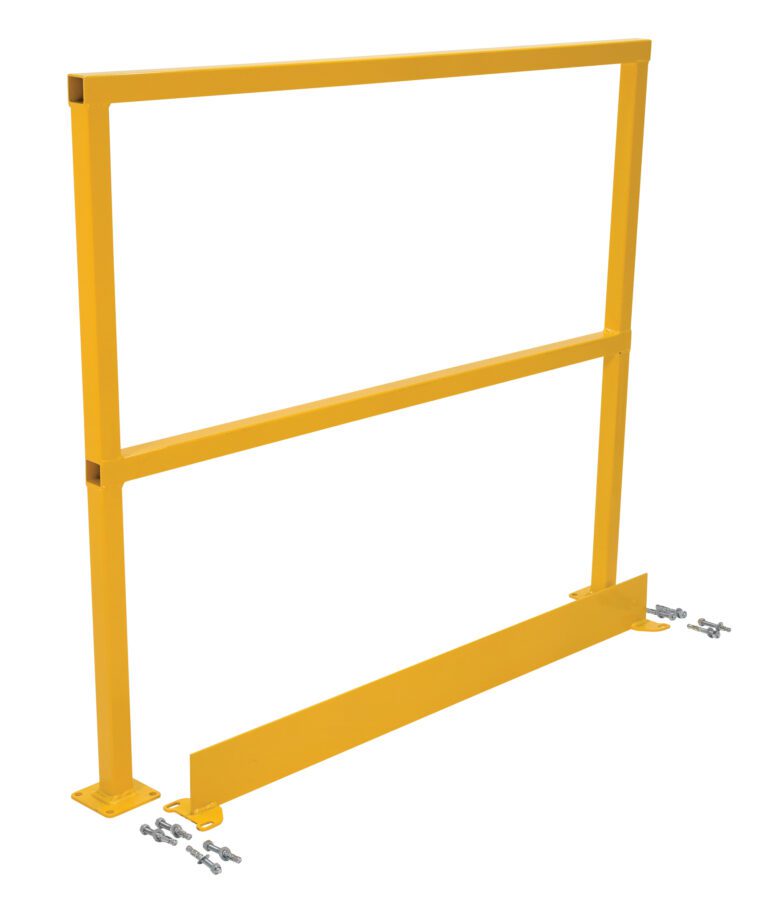 SQ-48-TB-HWR_A.jpg The Vestil Safety Handrail W/Hardware & Toeboard 48 is a freestanding yellow guardrail with a rectangular frame, horizontal mid-rail, and bottom toe board. It includes bolts and nuts for secure assembly or ground attachment.