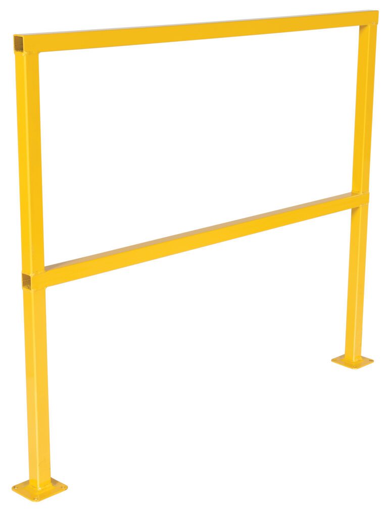 SQ-48_A.jpg The Vestil Safety Handrail No Toeboard 48 is a yellow metal railing with a rectangular frame and flat base, ideal for industrial or construction sites, featuring a middle horizontal bar for stability.