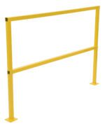 The Vestil Square Safety Handrail No Toeboard 60, with its vibrant yellow finish, features two vertical posts and horizontal bars. This 60-inch freestanding structure offers crowd control and stability with sturdy square base plates at the bottom of each post.