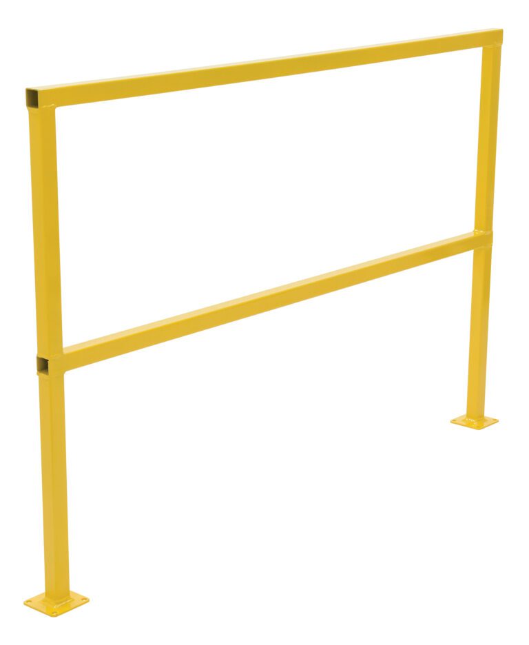 The Vestil Square Safety Handrail No Toeboard 60, with its vibrant yellow finish, features two vertical posts and horizontal bars. This 60-inch freestanding structure offers crowd control and stability with sturdy square base plates at the bottom of each post.