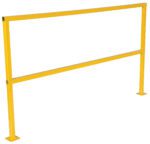 The Vestil Square Safety Handrail No Toeboard 72 includes a metal yellow safety rail with dual vertical posts and horizontal bars, designed as a freestanding industrial barrier or guardrail for diverse environments.