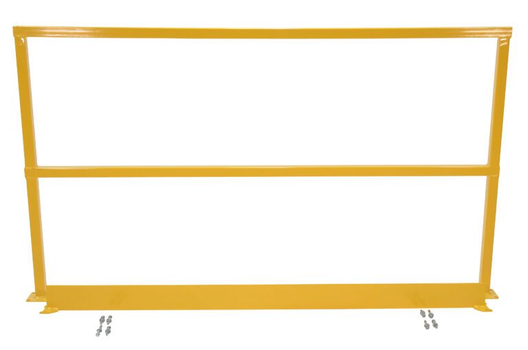 The Vestil Safety Handrail-W/Hardware & Toeboard 84 in yellow has a flat base and two horizontal bars forming a sturdy guardrail on a white background, with four sets of visible bolts ready for secure installation.