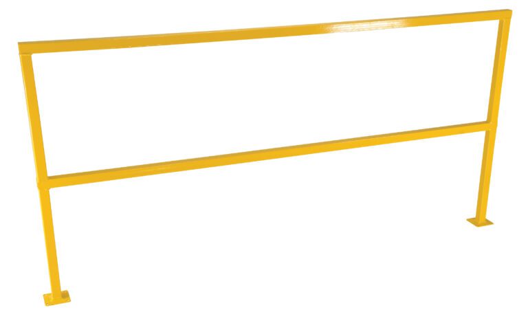 The Vestil Square Safety Handrail No Toeboard 84 is a yellow metal railing featuring a rectangular form with two vertical legs, a top horizontal bar, an extra mid-section horizontal support, and flat-based legs for stability on a plain white background.