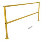 A Vestil Safety Handrail-W/Hardware No Toeboard 96 in yellow with two vertical supports stretches across the image. Small screws are positioned below for precise assembly or installation.